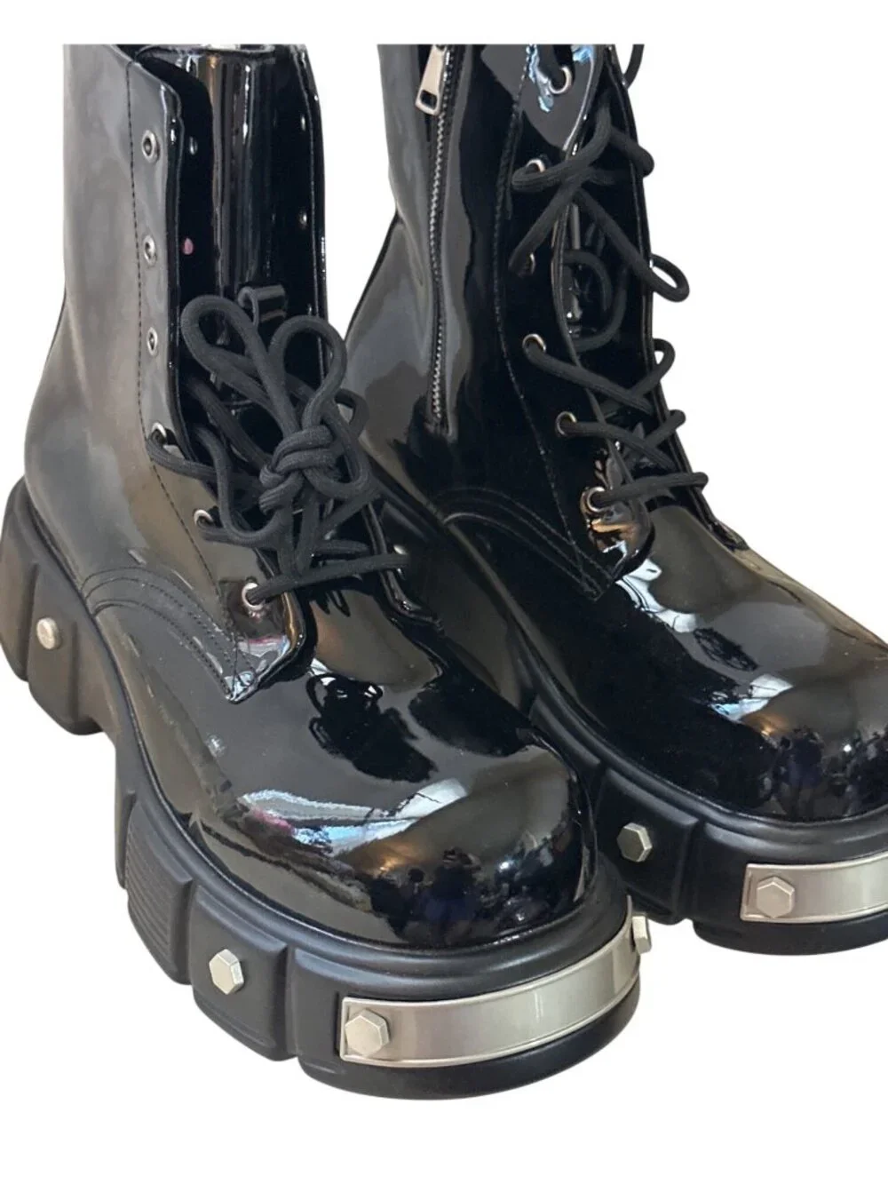 Black Platform Combat Boots Men 12 Goth Chunky Punk Metal Hardware Lace-Up Zip